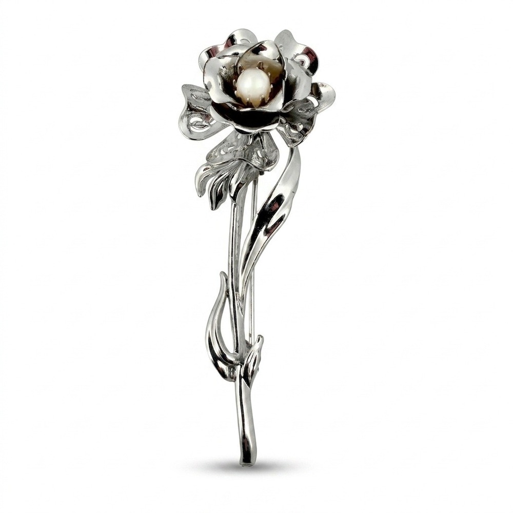 Vintage Coro Signed Silver Tone Flower Brooch Faux Pearl Long Stem Pin c1950